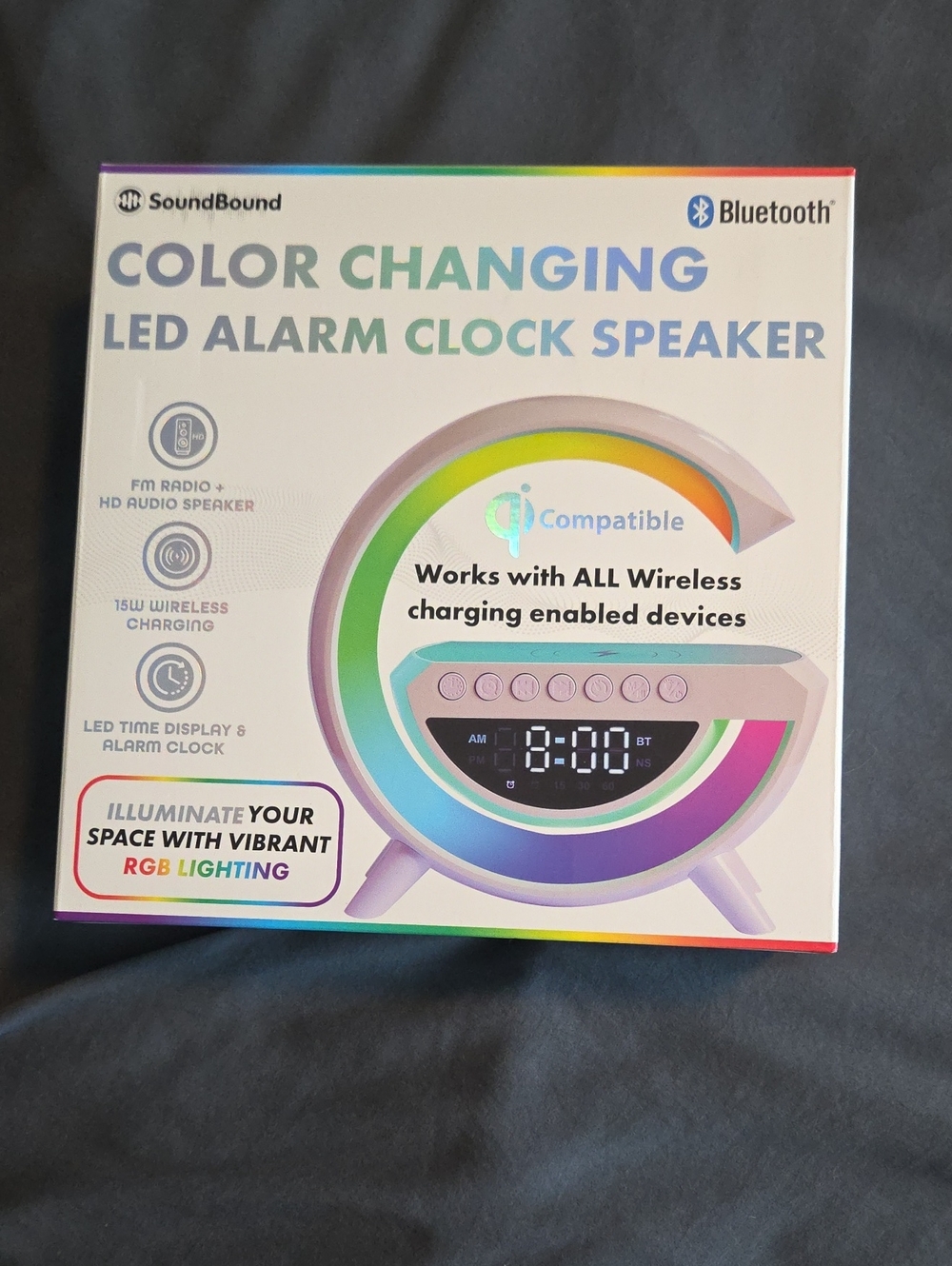 Color-Changing LED Alarm Clock Speaker - White/Pastel